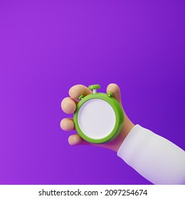 Cartoon hand holding stopwatch with blank dial isolated over purple background. 3d rendering.