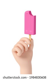 Cartoon Hand Holding A Strawberry Ice Cream With A Bite Isolated In White Background. 3d Illustration.