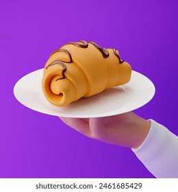 Cartoon hand holding white porcelain plate with croissant isolated over purple background. 3d rendering. - Powered by Shutterstock