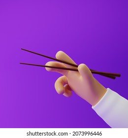 Cartoon Hand Holding Wooden Chopsticks Isolated Over Purple Background. 3D Rendering.