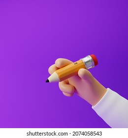 Cartoon Hand Holding Yellow Pencil With Red Rubber Eraser Isolated Over Purple Background. 3d Rendering.