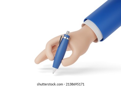 Cartoon Hand With Pen Isolated On White Background. 3d Illustration.