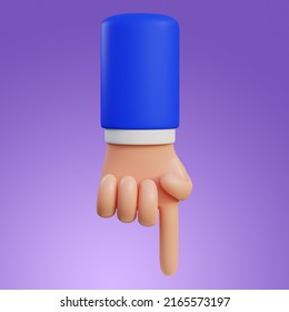 Cartoon Hand Pointing Index Finger Down. 3D Rendered Digital Symbol.