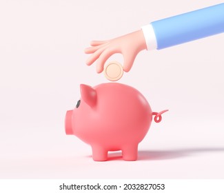 Cartoon Hand Putting Coin To Piggy Bank. 3d Render Illustration