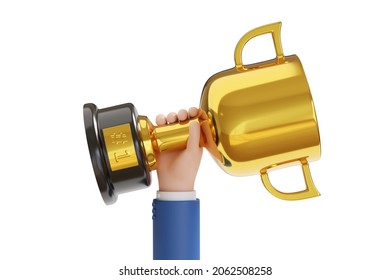 Cartoon Hand Raising Number One Trophy Isolated Om White Background. 3d Illustration.