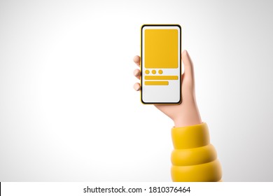 Cartoon Hand In Yellow Shirt Holding Smartphone With Yellow User Interface Over White Background. UI Kit For  Mobile App Or Website Concept. 3d Render Illustration.