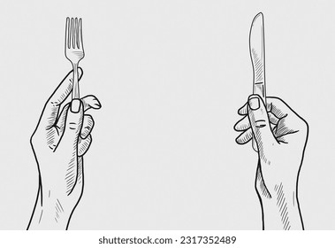 Cartoon handdrawn hands hold knife   fork illustration  Tamplate blank an advertising web banner food dinner breakfast cafe restaurant menu  Black   white lineart