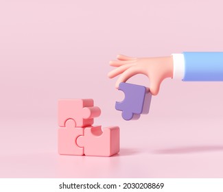 Cartoon hands connecting jigsaw puzzle. Symbol of teamwork, cooperation, partnership, Problem-solving, business concept. 3d render illustration