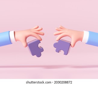 Cartoon hands connecting jigsaw puzzle. Symbol of teamwork, cooperation, partnership, Problem-solving, business concept. 3d render illustration