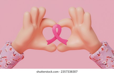 Cartoon hands holding 3d pink ribbon for symbolic of encourage breast cancer awareness. 3d render illustration.. - Powered by Shutterstock