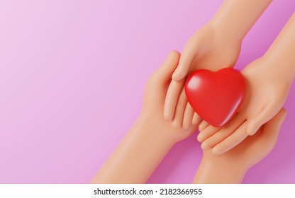 Cartoon Hands holding a red heart on blue background, CSR or Corporate Social Responsibility, health care, family insurance, heart donate concept, world health day, charity donation, 3D render - Powered by Shutterstock