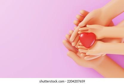 Cartoon Hands Holding A Red Heart On Blue Background, CSR Or Corporate Social Responsibility, Health Care, Family Insurance, Heart Donate Concept, World Health Day, Charity Donation, 3D Render