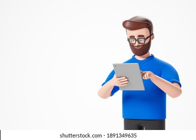 Cartoon handsome character beard man in blue tshirt  looking at digital tablet over white background. 3d render illustration.