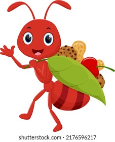 Cartoon Happy Ant Carrying Food With A Leaf Basket