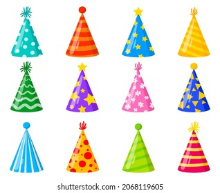 Cartoon Happy Birthday party celebration cone decorated hats. Birthday party funny colorful hats  illustration set. Carnival holiday paper cone hats with stars, flowers, stripes and spots - Powered by Shutterstock