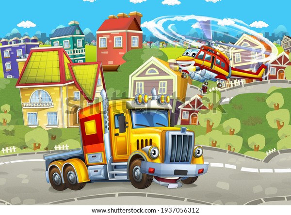 cartoon happy cargo truck and fireman helicopter in\
the city