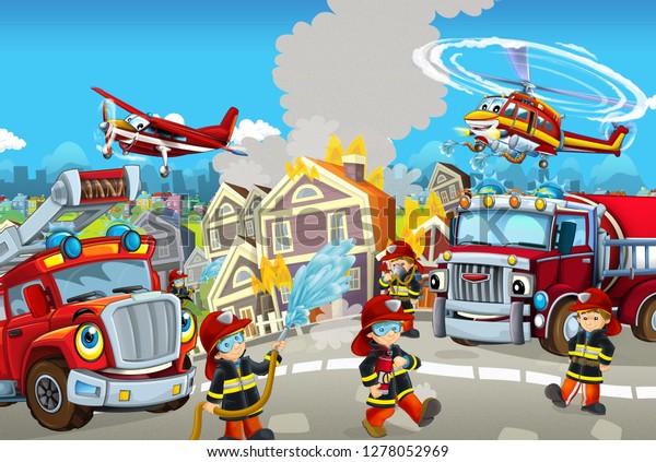 火消し屋と車 飛行機を使ったさまざまな用途の漫画的で面白い街のシーン 子ども向けイラトス のイラスト素材