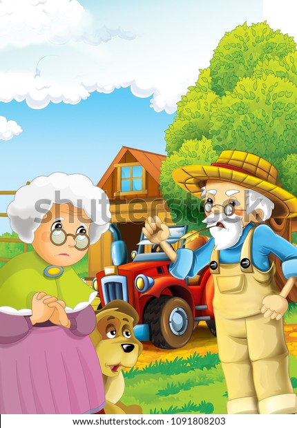 cartoon\
happy and funny farm scene with tractor and working farmer - car\
for different tasks - illustration for children\
