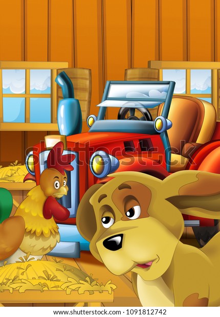 cartoon happy and funny farm\
scene with tractor - car for different tasks - illustration for\
children 