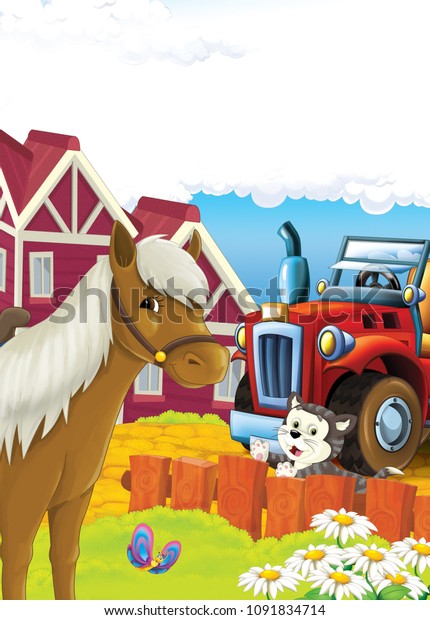 cartoon happy and funny farm\
scene with tractor - car for different tasks - illustration for\
children 
