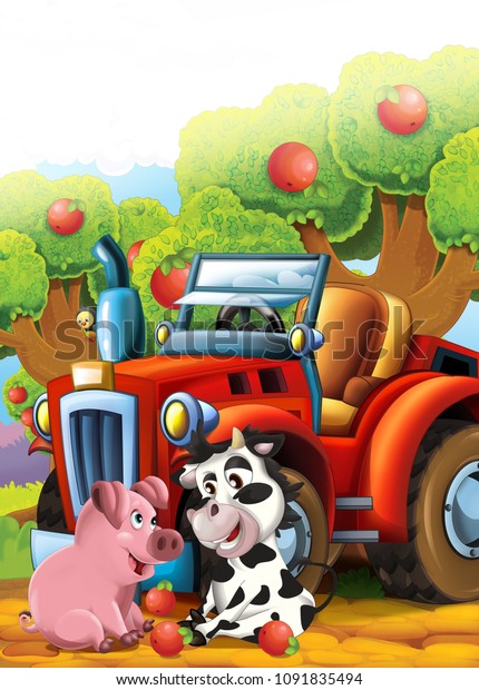 cartoon happy and funny farm
scene with tractor - car for different tasks - illustration for
children 