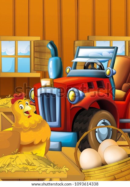 cartoon\
happy and funny farm scene with tractor and hens - car for\
different tasks - illustration for children\
