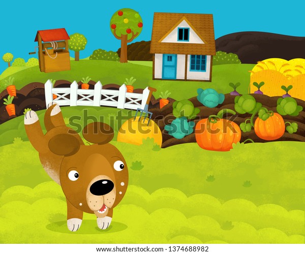 cartoon happy and funny farm scene with happy\
dog - illustration for\
children