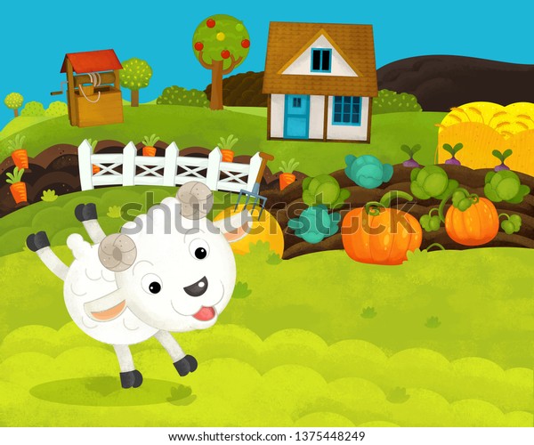 cartoon happy and funny farm scene with happy\
sheep - illustration for\
children