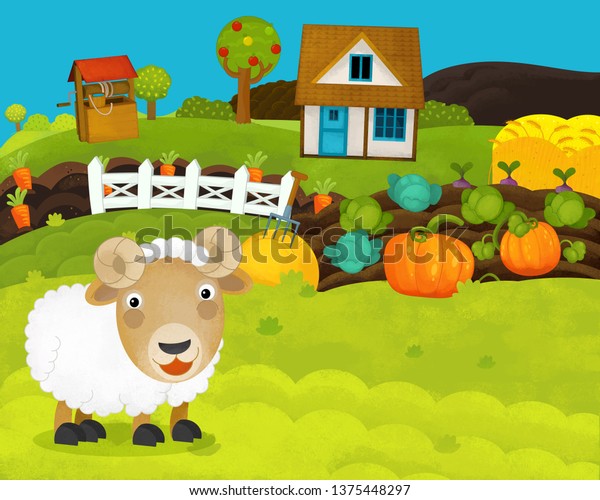 cartoon happy and funny farm scene with happy\
sheep - illustration for\
children
