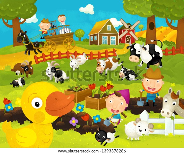 cartoon happy and funny farm scene with happy\
duck - illustration for\
children