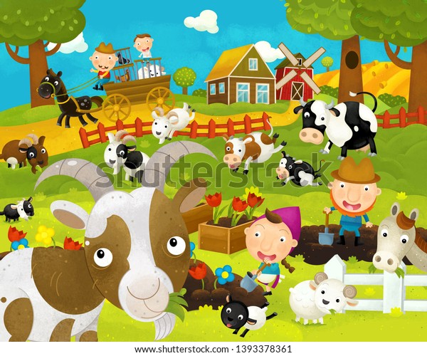 cartoon happy and funny farm scene with happy\
goat - illustration for\
children