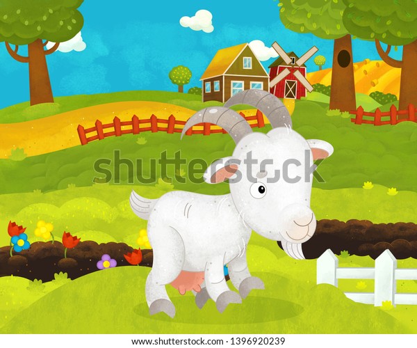 cartoon happy and funny farm scene with happy\
goat - illustration for\
children