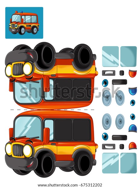 Cartoon happy and funny cartoon fire\
fireman bus looking and smiling - isolated illustration for\
children with exercise / cutting out and joining\
together