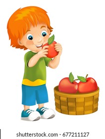 cartoon happy and funny looking boy holding and eating apples - activity - illustration for children