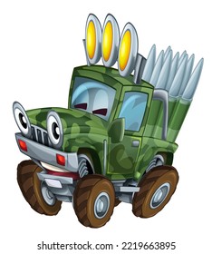 Cartoon Happy And Funny Off Road Military Truck Looking Like Monster Truck With Bullets Ammo Smiling Vehicle Isolated Illustration For Children