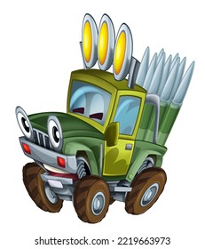 Cartoon Happy And Funny Off Road Military Truck Looking Like Monster Truck With Bullets Ammo Smiling Vehicle Isolated Illustration For Children