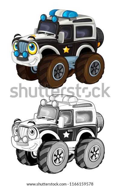 cartoon happy and
funny off road police car looking like monster truck / smiling
vehicle - with coloring
page