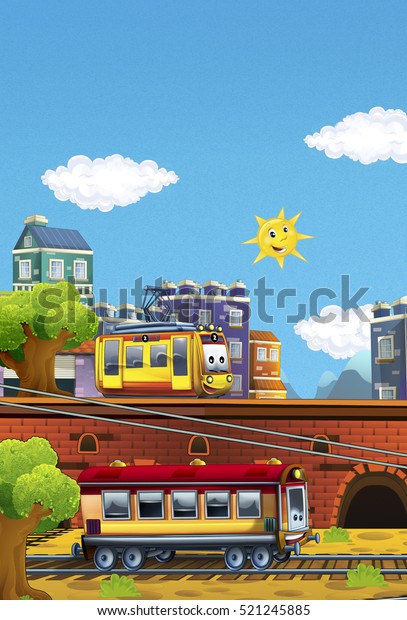 Cartoon happy and funny trains - city landscape\
- illustration for\
children