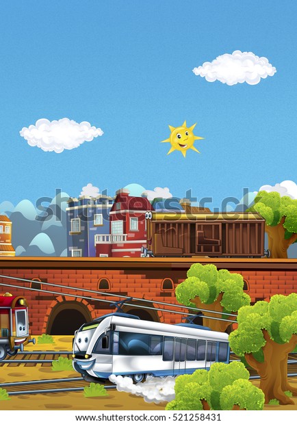 Cartoon happy and funny trains - city landscape
- illustration for
children