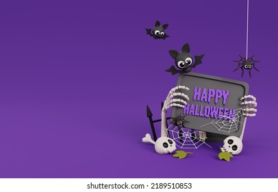 Cartoon Happy Halloween With Hand Skeleton, Skull, Bat And Other Halloween Decoration. 3D Render Illustration