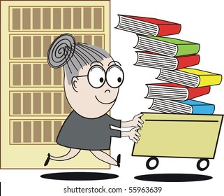 Cartoon Of Happy Librarian Running With Trolley Of Books.