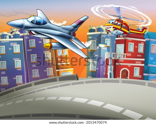 cartoon happy scene with plane helicopter\
flying in the city - illustration for\
children