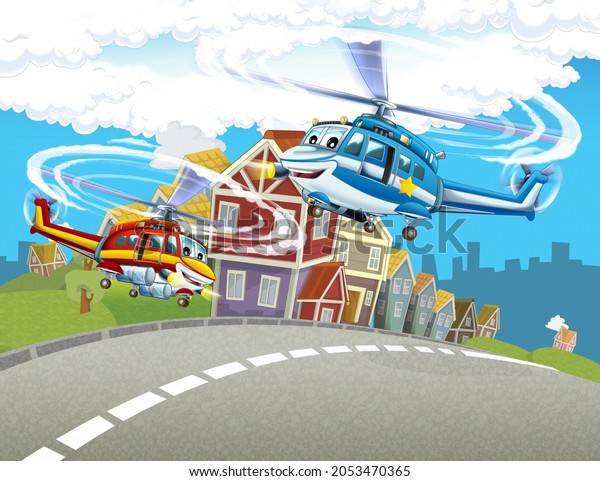 cartoon happy scene with plane helicopter
flying in the city - illustration for
children