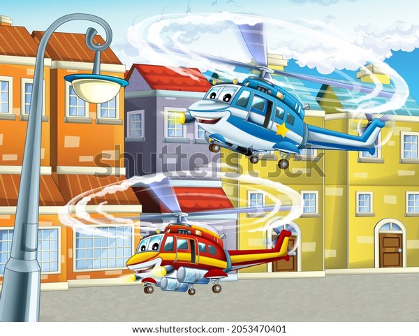 cartoon happy scene with plane helicopter\
flying in the city - illustration for\
children