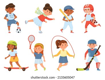 Cartoon happy school children playing sports and exercising. Sport activities for kids baseball, skipping rope, tennis, skateboarding,  set. Active female and male characters - Powered by Shutterstock