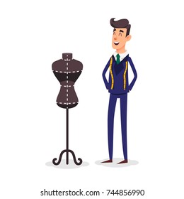 Cartoon happy tailor couture with a centimeter ribbon around his neck. Fashion designer standing near the dummy. Seamstress with tape measure. Dressmaker and female mannequin. Tailors fashion stand