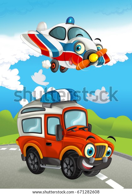 cartoon happy traditional offroad truck and plane\
smiling and flying\
over