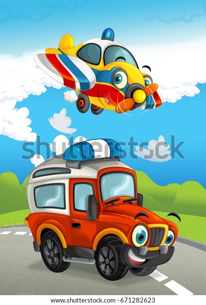 cartoon happy traditional offroad truck and plane\
smiling and flying\
over