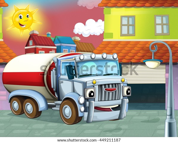 Cartoon Happy Truck Near Garage Illustration Stock Illustration