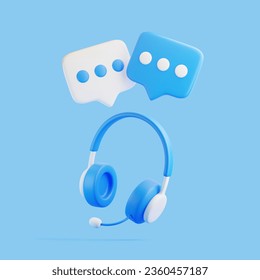 Cartoon headphones with speech bubble message flying on blue background. Call center and online customer support. Minimal creative concept. 3D render illustration - Powered by Shutterstock